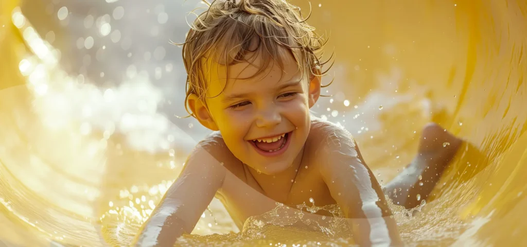 Kleiner Junge rutscht eine gelbe Wasserrutsche herunter