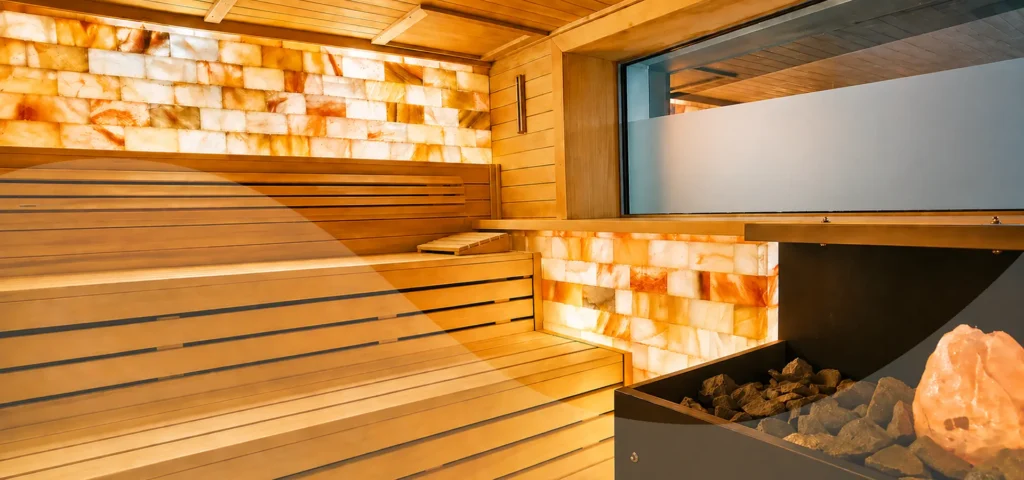 Sauna in Holzoptik mit Salzsteinen in den Wänden