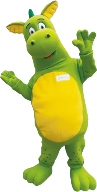 Maskottchen Cabriolino der grüne Drache winkt