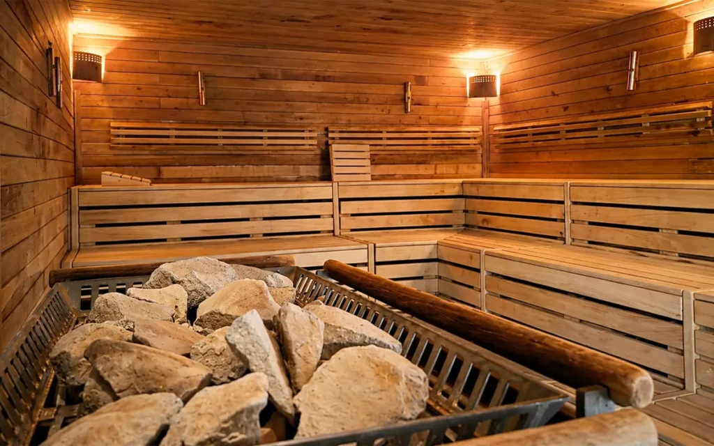 Finnische Sauna in Holzoptik und Aufgusssteinen