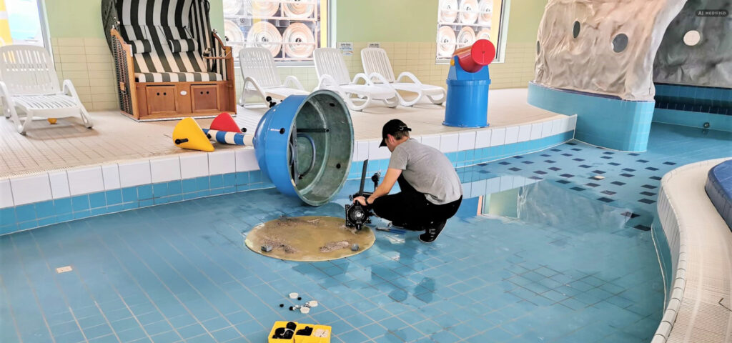 Mann kniet auf dem Boden des abgelassenen Babybecken und repariert ein Spielgerät.